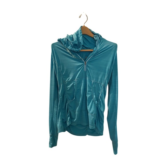 Bright Blue Ruched Hooded Long Sleeve Top with pockets and sleeve thumb holes - Picture 1 of 2